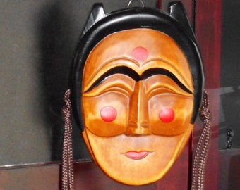 Vintage Korean Mask For Wall Decor. Carved Wood. 5-3/4" High. Punae or Bun. The Concubine from Traditional Dance Known as Bangsan Talchum.