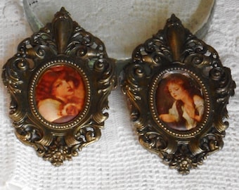 Vintage Set of 2 Rococo Florentine Metal Frames With Miniature Fabric Art. 4-1/2" Tall. Made in Italy. Wall Hanging. Ornate. Peltrato Alloy.