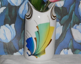 Vintage Korosten Flower Vase. Art Design. Royal Blue, Green, Yellow.  Made in Ukraine. Porcelain. Fine Bone China. Over 6 Inches Tall.