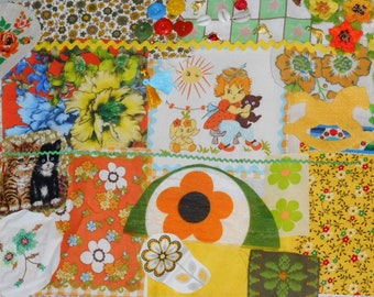 Slow Stitch Lot. Summer. Over 50 Pieces . In Tones of Orange, Yellow, Blue and Green. Handmade and Commercial Vintage Pieces.