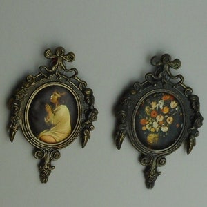 Vintage Set of 2 Rococo Florentine Metal Frames With Miniature Fabric Art. 5&quot; Tall. Made in Italy. Wall Hanging. Ornate. Peltrato Alloy.