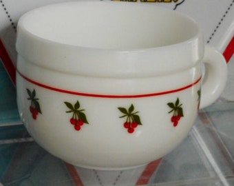 Milk Glass Mug. Cherries. Made in Italy by Cerve S.p.A. Very Solid. Big Size. 300 ml. ( 10 liquid OZ ). For Soup, Porridge, Coffee or Tea.