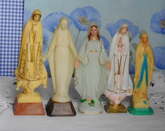 Vintage Lot of 4 Imperfect Madonnas Plus 1. Lourdes, Fatima, Mary with Snake. Acrylic and Resin. Each Different. 5-1/4 to 6-1/5 Inches Tall