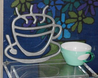 Vintage Aluminum Wall Hanging Trivet. Hot Pot Holder.  Steaming Cup of Coffee or Tea or Soup. Unmarked.