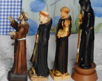 Vintage Lot of 4 Catholic Saint Figurines. Francis, Francis, Domenico and Anthony. Acrylic and Resin. 5 to 5-3/4 In. ( 13 to 15 cm ) Tall.