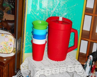 Vintage Tupperware Lot. 1.5 Quart 874-4 Red Pitcher With Press and Seal Lid and 5 Tumblers.109 in Assorted Colors. Preloved. Cheerful. .