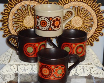 Lot of 4 Kiln Craft Mugs. Made in England. Staffordshire Potteries. Ironstone. 2 Patterns. 3 Hermes ( Brown) and 1 Midas (Beige).