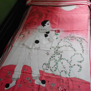 Vintage Pierrot Twin Bed Cover. 1980&#39;s . White and Flamingo Pink. Screen Printed Cotton.Never Used.