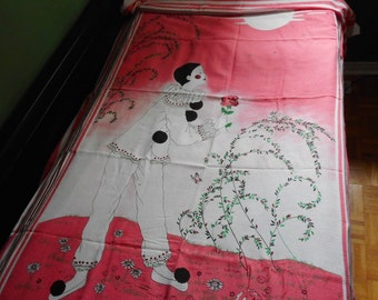 Vintage Pierrot Twin Bed Cover. 1980's . White and Flamingo Pink. Screen Printed Cotton.Never Used.
