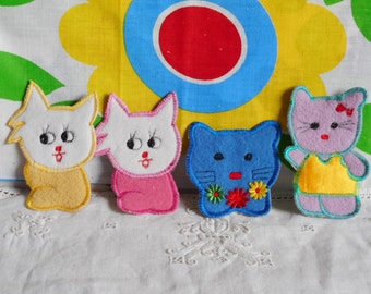 Vintage Lot of 4 Sew On Patches.  Kittens. From  3" ( 7.5 cm ) to 4" (10 cm ) high. Embroidered Fabric. No Glue.