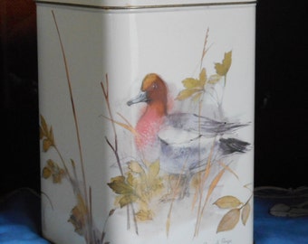 Vintage Tin Made in England.  Anas Penelope Bird. Art By Mads Stage. Hinged Canister. Rare. 19 Cm. Tall ( Over 7 Inches). Pre Loved.