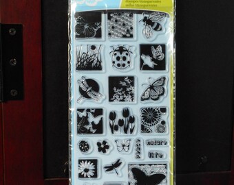 Set of Insect Rubber Stamps . 23 Pieces. Inkadinkado. Never Used. Butterflies, Tulips, Ladybugs, Dragonfly, Grass, Words, Bees, Flowers.