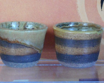 Vintage Set of 2 Artisan Cups. Yunomi Style. Organic. Stoneware Espresso Cups. Natural Raku. Signed "Green". Very Solid. Unknown Origin.