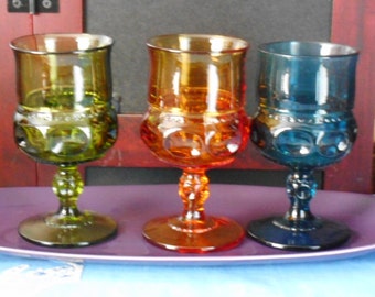 Set of 3 Wine Glasses. 7.75" ( 14.7 cm ) Tall. 7 Oz ( 200 ml ). Green, Blue and Amber. For Water, White Wine or  Large Juice. Kings Crown.