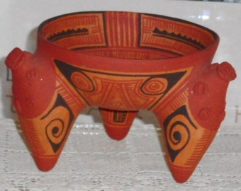 Red Clay Tripod. South American. Three Legged Bowl. Indigenous Art. Unglazed. Hand Decorated. Quibor Lara Venezuela. Rare. OOAK.