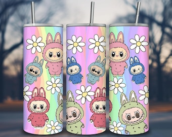 Labubu Bunny Tumbler Wrap 20oz | Kawaii Rainbow Daisy PNG for Sublimation