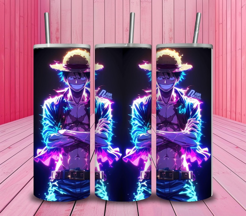 Neon glowing Luffy anime tumbler wrap for 20oz cup, featuring vibrant blue and pink lighting with a fiery straw hat