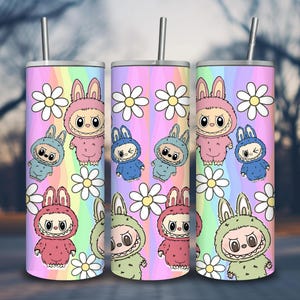 Colorful Labubu bunny characters with daisy flowers on rainbow background – 20oz kawaii tumbler wrap sublimation design.