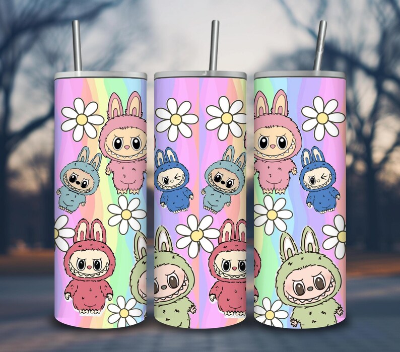 Colorful Labubu bunny characters with daisy flowers on rainbow background – 20oz kawaii tumbler wrap sublimation design.