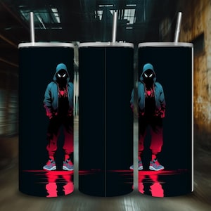 Spider-hero in hoodie and sneakers with glowing red shadow – 20oz tumbler wrap for sublimation, Miles Morales-inspired design.