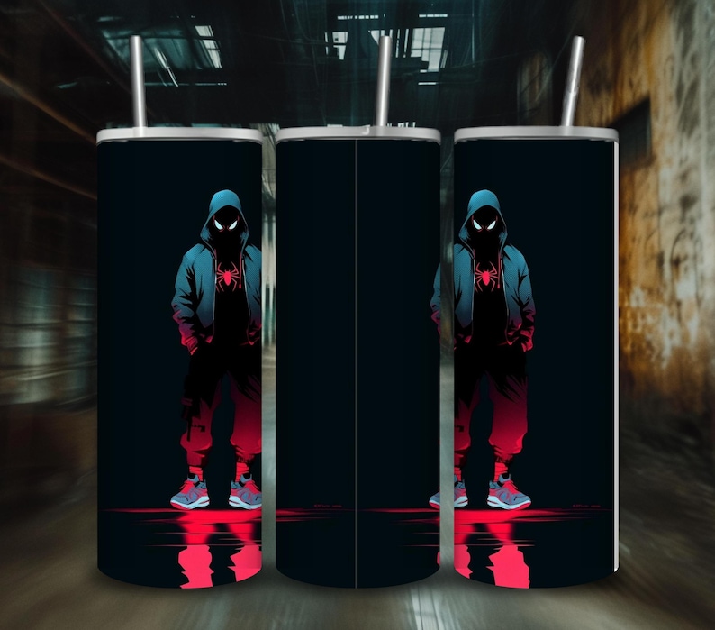 Spider-hero in hoodie and sneakers with glowing red shadow – 20oz tumbler wrap for sublimation, Miles Morales-inspired design.