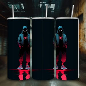 Spider-hero in hoodie and sneakers with glowing red shadow – 20oz tumbler wrap for sublimation, Miles Morales-inspired design.
