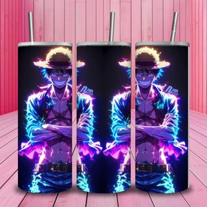 Neon glowing Luffy anime tumbler wrap for 20oz cup, featuring vibrant blue and pink lighting with a fiery straw hat