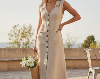 Linen Midi Dress Button-Down | Sleeveless Summer | V-neck & pocket