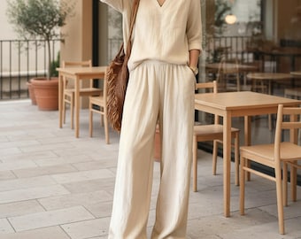 Minimalist Linen-Cotton Women's Two-Piece Set |  Wide-Leg Pants & V-Neck Top |  Relaxed Summer Capsule Outfit