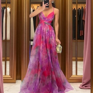 Romantic Floral Chiffon Maxi Dress | Layered Tulle Gown | V-Neck Spaghetti Strap | Bridesmaid, Maternity, Wedding Guest & Beach Party Outfit