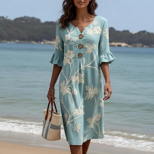 Boho Floral Beach Dress |  Linen Style V-Neck Midi | Summer Botanical Print Sundress with Ruffle Sleeves