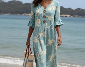 Robe de plage fleurie bohème |  Mi-longue en lin à col en V | Robe d'été à imprimé botanique et manches à volants