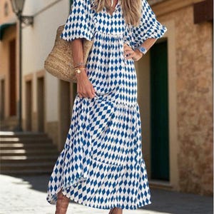 Boho Floral Maxi Dress for Women,V-Neck Puff Sleeve Long Dress,Vintage Loose Fit Plus Size Summer to Autumn Gown,Casual Beach & Prom Outfit