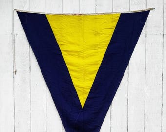 Vintage Nautical Ship Flag, Large 6 1/2 ft Canvas Maritime Navy & Yellow Pennate Signal Flag; Rustic Distressed Flag Ocean Beach House Decor