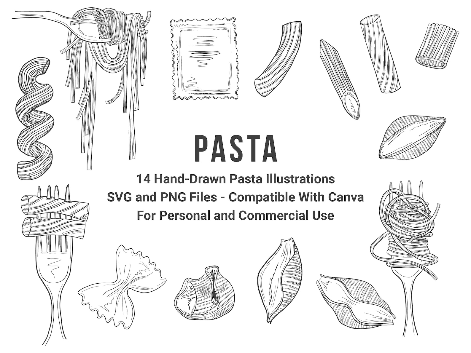 Pasta Svg File Hand-drawn Pasta Lineart Clipart, 14 PNG SVG Clipart Designs, Instant ...