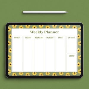 May include: A digital weekly planner on a tablet with a white stylus. The planner has a floral border of yellow sunflowers. The days of the week are listed across the top. The background is a solid green.