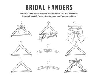 Clipart de percha de novia dibujada a mano, 9 diseños PNG SVG, descarga digital instantánea, ilustraciones dibujadas a mano, uso con Canva