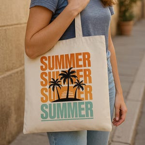 Sac fourre-tout en toile de coton Summer Vibes - Cabas de plage écologique avec imprimé palmiers, Cabas de plage