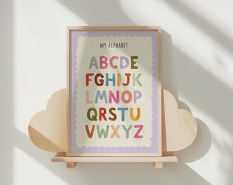 Póster del alfabeto, arte mural del abecedario, impresión educativa colorida para sala de juegos, impresión para el aula (descarga digital)