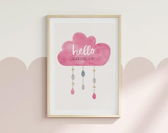 Lámina infantil de nube rosa, arte mural de acuarela, lámina infantil de "Hola niña hermosa", regalo para bebé (descarga digital)