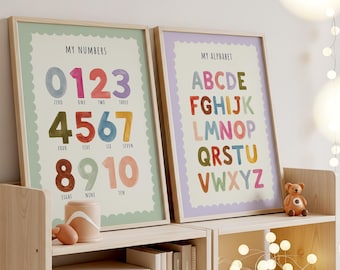 Conjunto de 2 pósteres educativos, pósteres del alfabeto y los números, láminas coloridas para la sala de juegos Montessori, láminas para el aula (descarga digital)