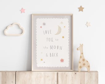 Póster infantil "Te quiero hasta la luna y de vuelta", con diseño celestial en acuarela neutra (descarga digital).