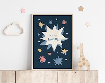 Cuadro infantil de estrellas en acuarela, decoración de pared pintada a mano para sala de juegos (descarga digital)