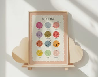 Póster de sentimientos, arte mural de caras de emociones, impresión colorida para sala de juegos (descarga digital)