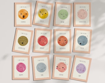 Tarjetas didácticas de emociones, juego de 12 tarjetas de emociones en acuarela, imprimibles para el aula Montessori, descarga digital.