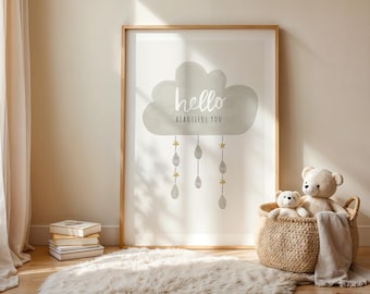 Lámina infantil con diseño de nubes, arte mural infantil en acuarela neutra, lámina infantil "Hello Beautiful You", regalo para recién nacido (descarga digital).