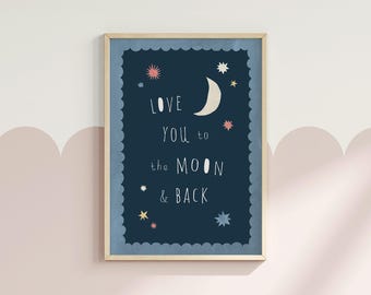 Decoración de pared infantil con luna y estrellas, póster imprimible "Te quiero", regalo para recién nacido (descarga digital instantánea).