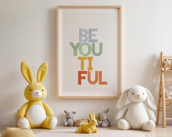 Lámina tipográfica colorida, arte mural en acuarela para habitación infantil, decoración para sala de juegos (descarga digital)