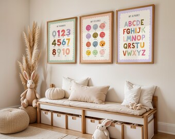 Conjunto de 3 pósteres educativos, arte mural sobre sentimientos, números y letras, láminas coloridas para sala de juegos Montessori, láminas para el aula, descarga digital.