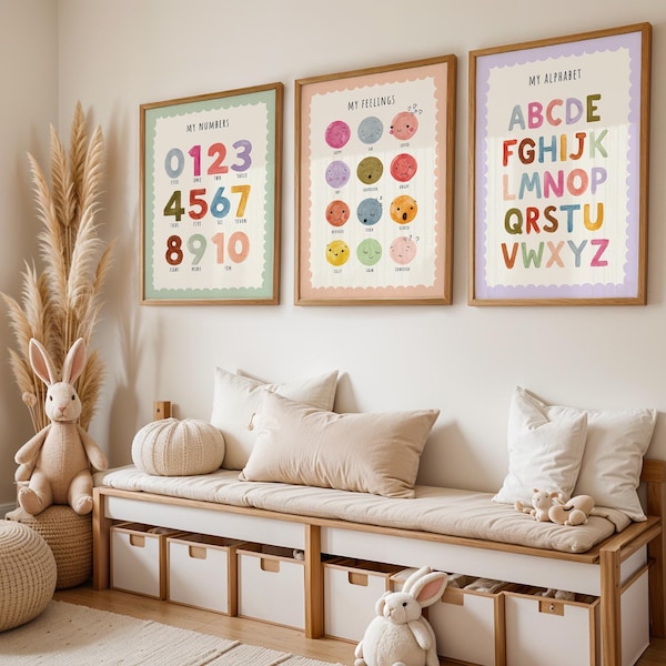 Set of 3 Educational posters, Feelings, Numbers & Letters wall art, Colourful playroom prints, Classroom prints, Digital Download